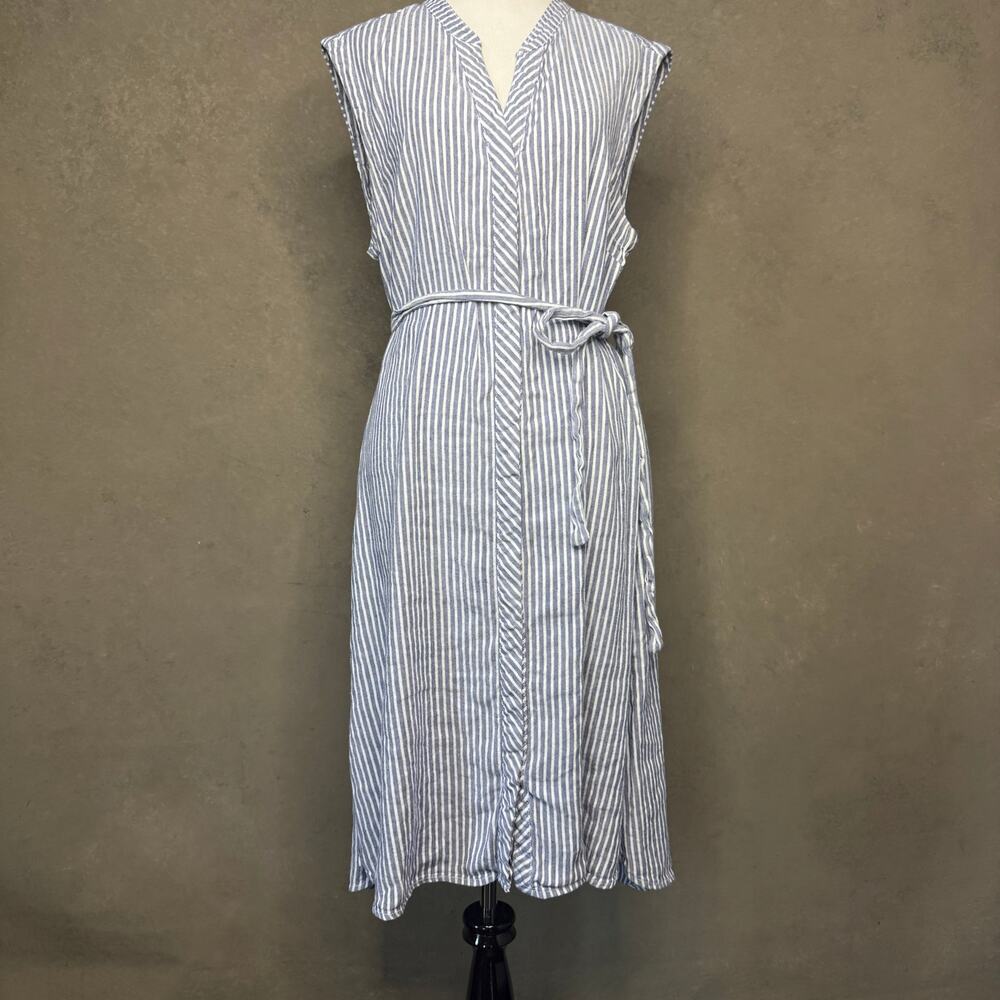 Tahari Linen Blend Striped Belted Midi Dress Size 12 Blue White Sleeveless